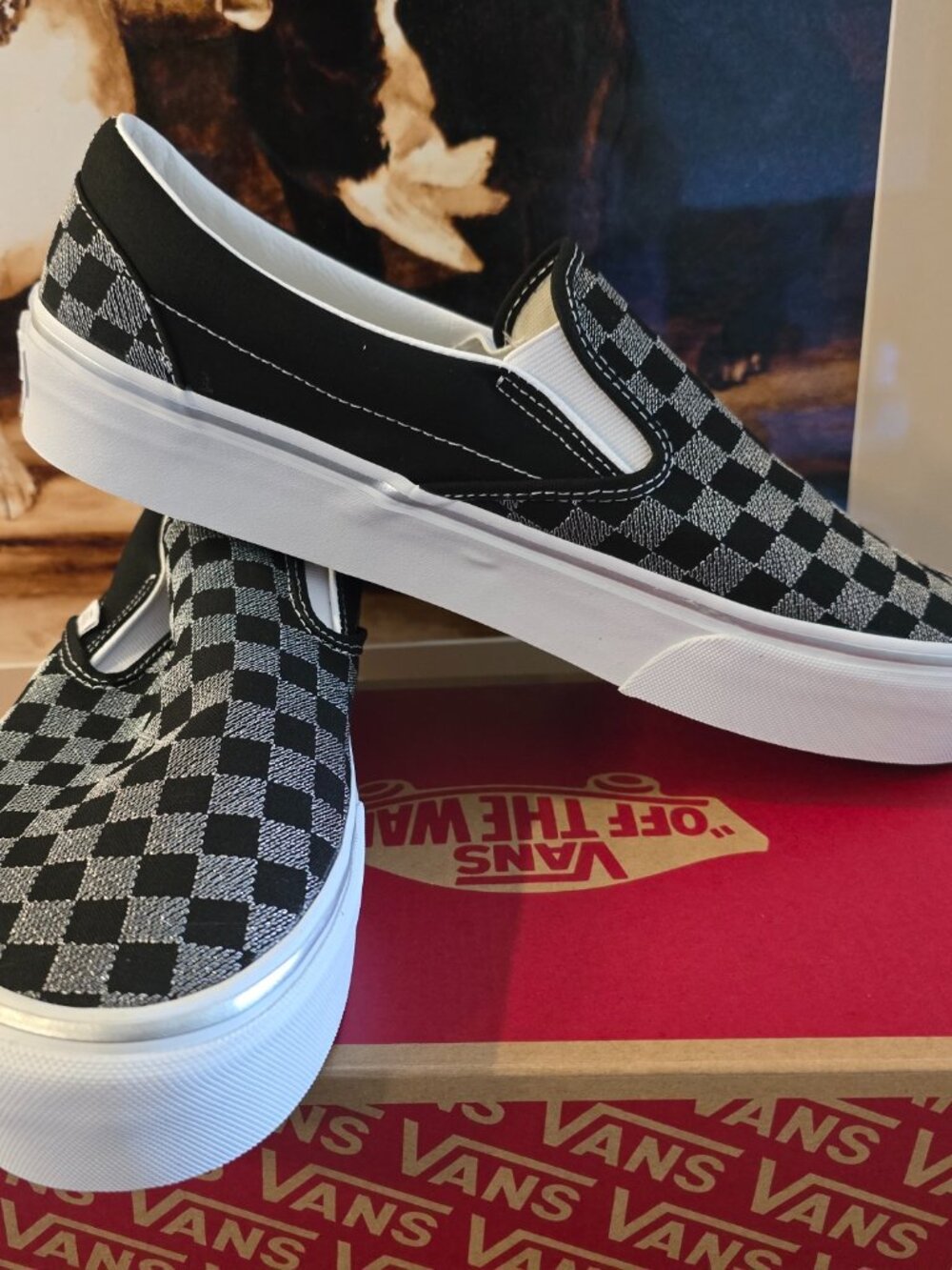 Vans Men's Classic Slip On Platform Metallic Checkerboard Black Shoes Sz 13 NEW